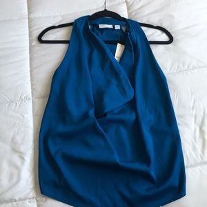 Blue sleeveless Blouse with plunged neckline.